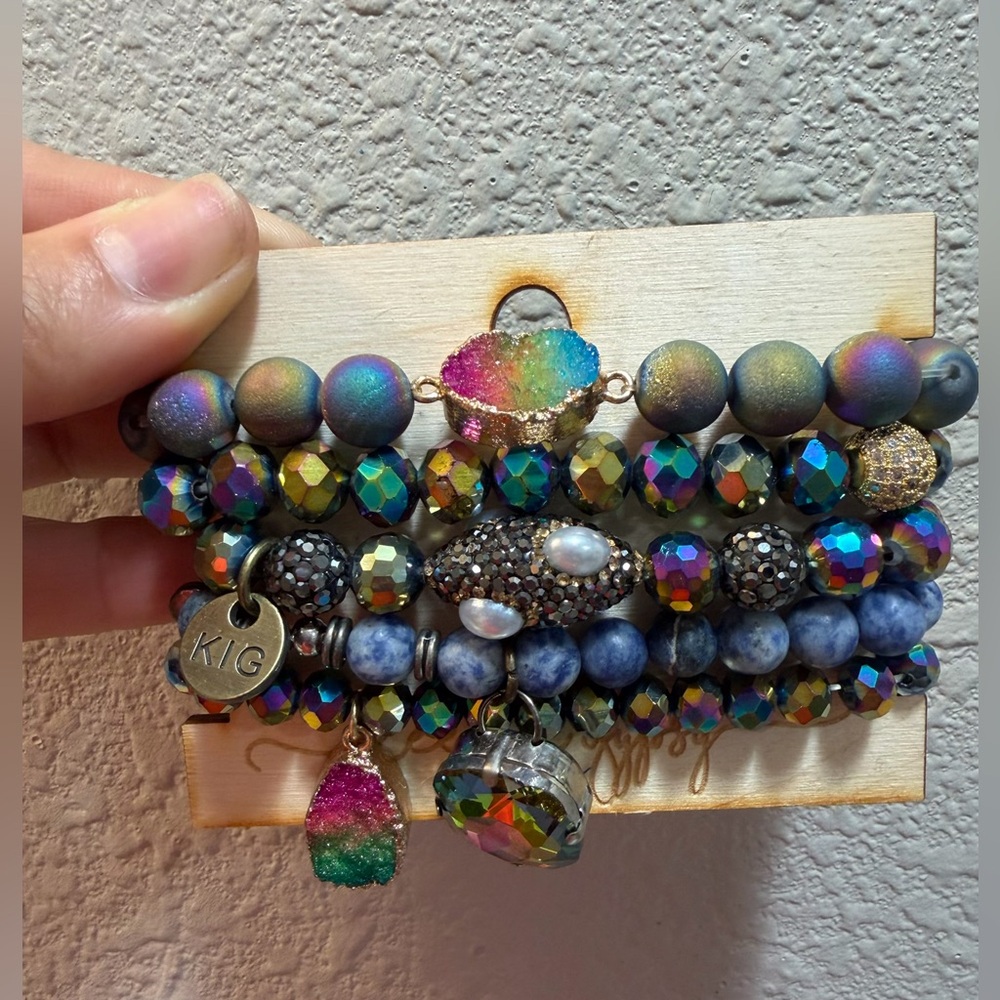 Multicolor Druzy & Beaded Stretch Bracelet Set (Keep it Gypsy)
